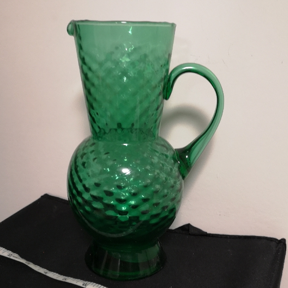 Beautiful Vintage Emerald Green Glass Optic Pitcher / Vase Made in Italy 10"